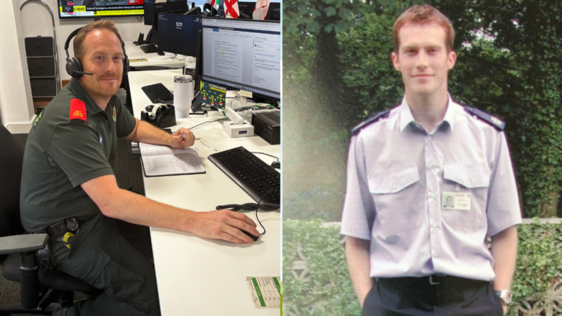 two photos: left a man sat at a desk with a headset on. Right: the same man but 25 years ago in an old NWAs uniform stood outside