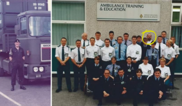 two images, one of a young man stood in front of a military truck. The other a group photo of individuals in uniform in front of an ambulance training and education building