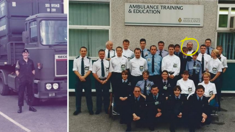 two images, one of a young man stood in front of a military truck. The other a group photo of individuals in uniform in front of an ambulance training and education building