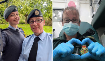 Two photos: Left two people in service uniform and berets. Right, an individual in green NWAS uniform in the back of an ambulance wearing a mask