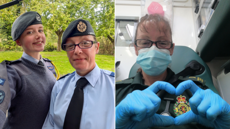 Two photos: Left two people in service uniform and berets. Right, an individual in green NWAS uniform in the back of an ambulance wearing a mask