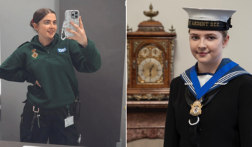 two photos. Left: an individual in green uniform taking a selfie in a full length mirror. Right: the same individual but younger in a sea cadets uniform.