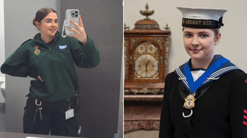 two photos. Left: an individual in green uniform taking a selfie in a full length mirror. Right: the same individual but younger in a sea cadets uniform.