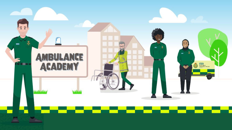 Ambulance Academy cartoon scene with staff in uniform standing /pushing a wheelchair.