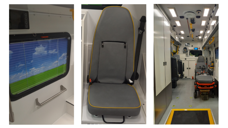 Left to right - window inside new ambulance showing new blind with countryside scenery on it, grey seat with yellow piped edging round it, and an interior shot of a new ambulance vehicle.