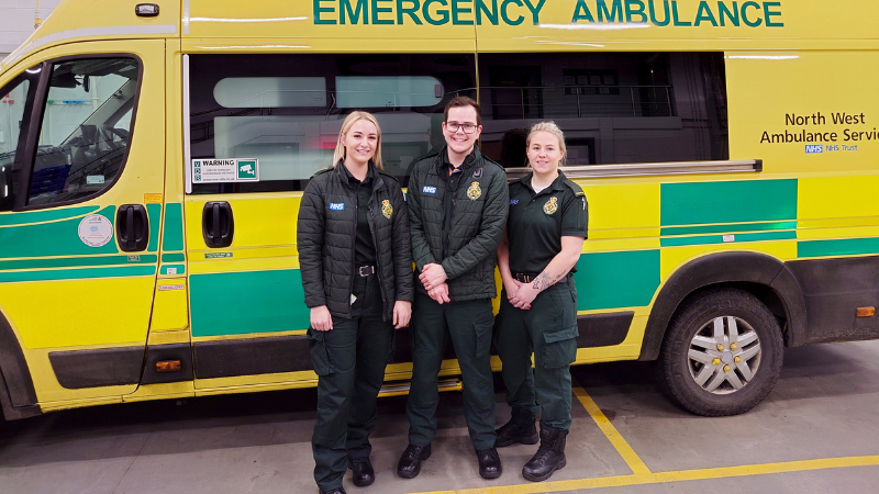 (L to R - Leanne Boon, Newly Qualified Paramedic, Tom Wilkes, Apprentice Paramedic and Amy Evans, Newly Qualified Paramedic).