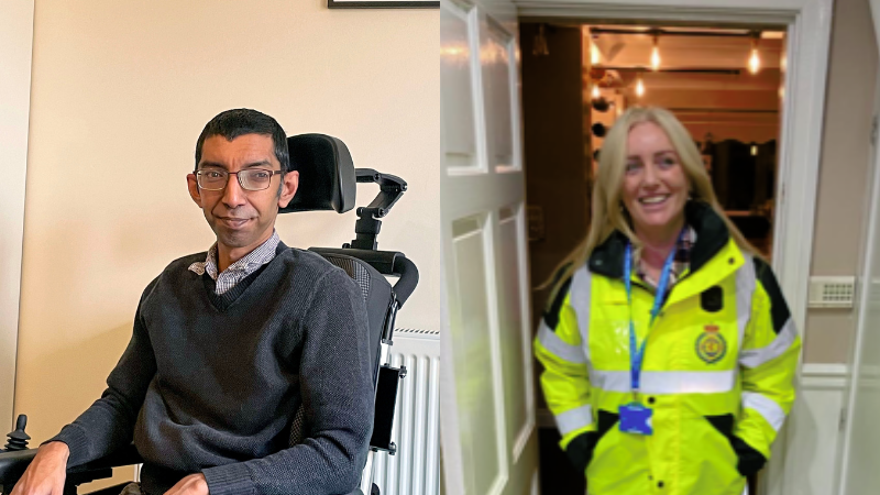 split collage of man in electric wheelchair and blonde female wearing high-vis jacket