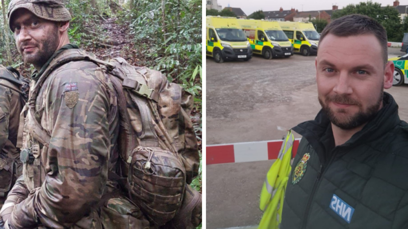 Split collage of man with dark brown short hair - Left: wearing army uniform stood in woods, right: wearing green in front of 3 ambulances