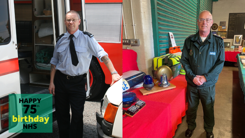 Before and after - before picture is Glyn Brown stood in old uniform in front of an ambulance. After picture is Glyn in new uniform stood in front of ambulance service memorabilia.