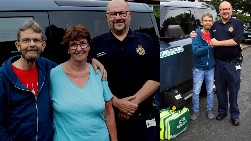 Left - Community First Responder Chris (right) with Bill and Ann Halliday standing in front of a car smiling to the camera. Right - Chris and Bill hugging with a volunteer kit bag at their feet.