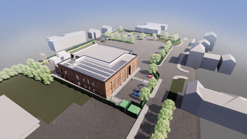 An artistic impression of the new building being developed in Anfield. It shows a building with brown walls and a grey roof with a grey car park and green trees surrounding it.