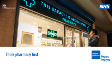 Think pharmacy first - image of a pharmacy with a 'This earache is getting worse sign above the door.