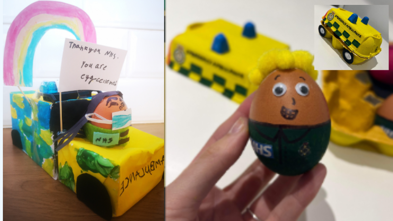 Decorated eggs and egg cartons in an ambulance/ambulance crew theme.