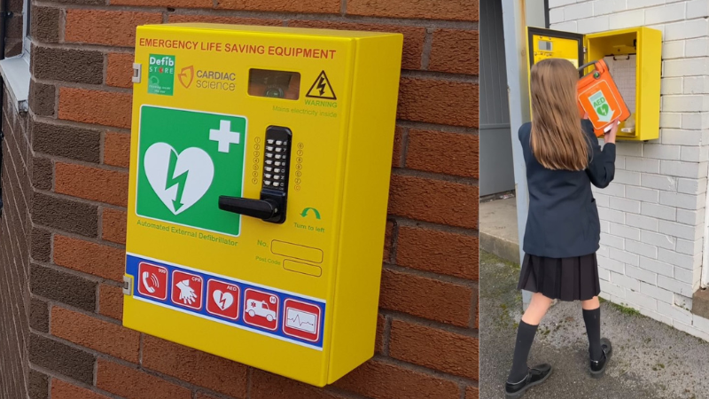 Left - yellow defibrillator on a red brick wall. Right - a school girl putting a defibrillator in a yellow wall-mounted box.