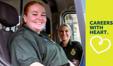 Female patient transport service crew in an ambulance. The image features the words 'careers with heart.'