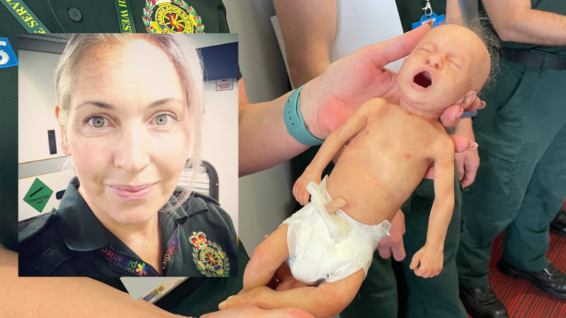 Right: a manikin used on a tiny baby wearing a nappy used for training. Left: Head and shoulder shot of Maternity Quality and Governance Practitioner Susie.