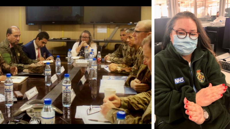Janette sat at a table with Afghan generals. Second photo of Janette with her arms crossed in front of her chest