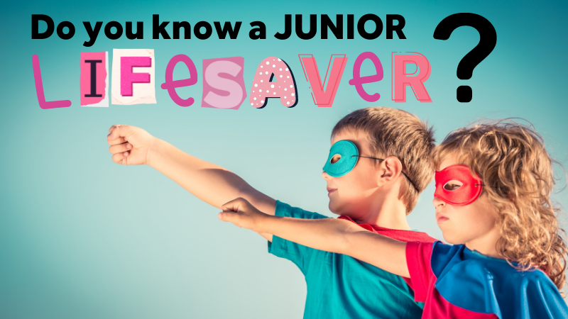 Do you know a junior lifesaver? Two kids in masks and capes.